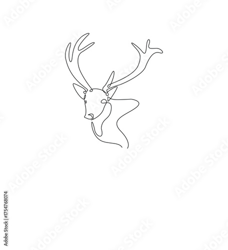 Reindeer head in single outline illustration. Continuous line art drawing of wild deer head. Editable stroke.