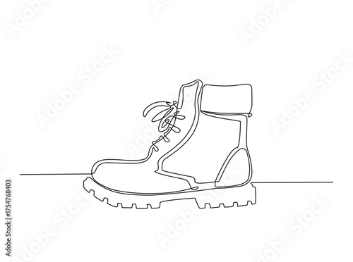 Hiking boot  in single outline illustration. Continuous line art drawing of working boot. Editable stroke.