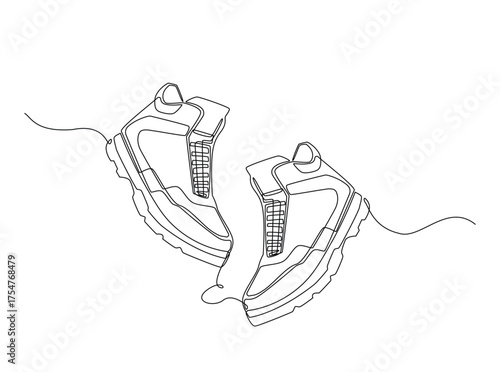 Hiking boots  in single outline illustration. Continuous line art drawing of working boot. Editable stroke.
