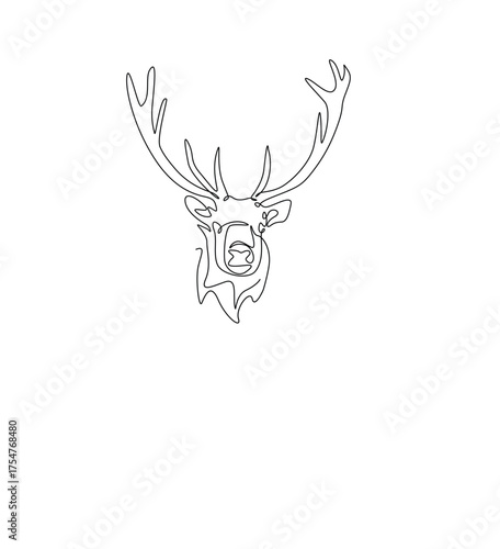 Reindeer head in single outline illustration. Continuous line art drawing of wild deer head. Editable stroke.