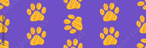 Vector seamless pattern with orange pet paw prints on a purple background. Simple hand-drawn doodle style for kids, fabric, and pet branding