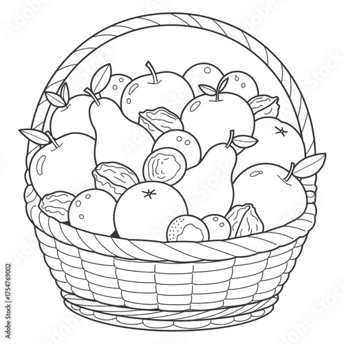 Scalable vector line art illustration of a fruit basket filled with apples pears and nuts for eps download silhouette vector illustration white background