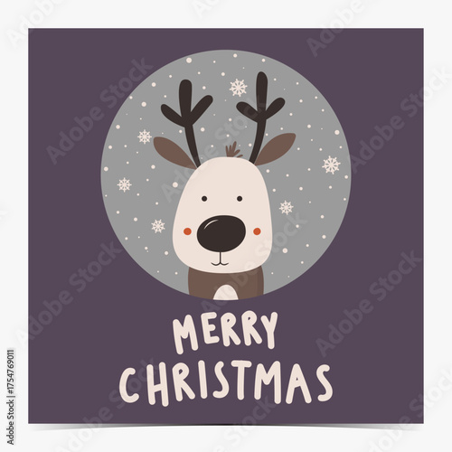 Merry Christmas - cute minimalist greeting card, postcard, invitation with an adorable reindeer on a snowy blue and purple background, vector illustration