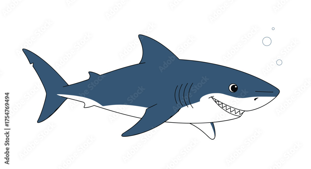Obraz premium A close up illustration of a great white shark swimming in the ocean with bubbles rising from its mouth.