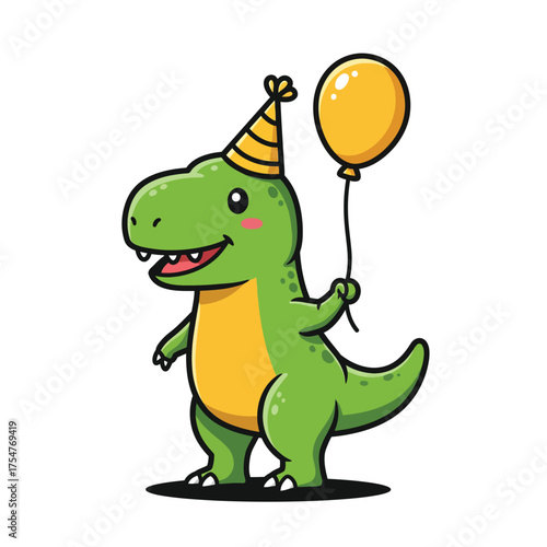 Cute Cartoon T-Rex Dinosaur Wearing a Party Hat and Holding a Yellow Balloon.