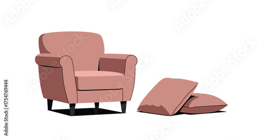 A cozy rose-colored armchair with two plush cushions resting nearby on a clean white background.