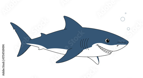 A close up illustration of a great white shark swimming in the ocean with bubbles rising from its mouth.