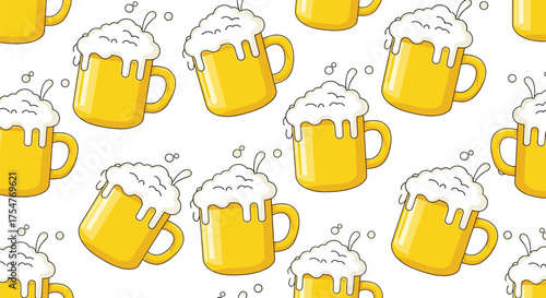 A delightful pattern of frothy beer mugs celebrating festive occasions.