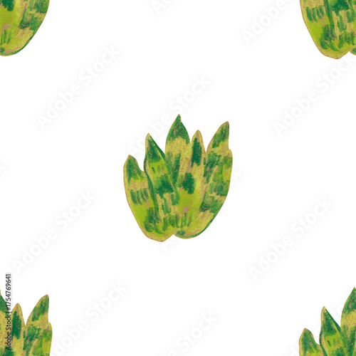 Seamless pattern of cactus and succulents drawn with wax crayons. Eco-friendly botanical print in oil pastel.