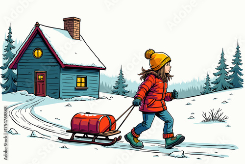 Girl with sled walking happily in snowy landscape near cozy house