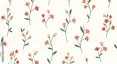 A delicate floral pattern featuring small scattered wildflowers in soft coral and peach hues against a cream background.