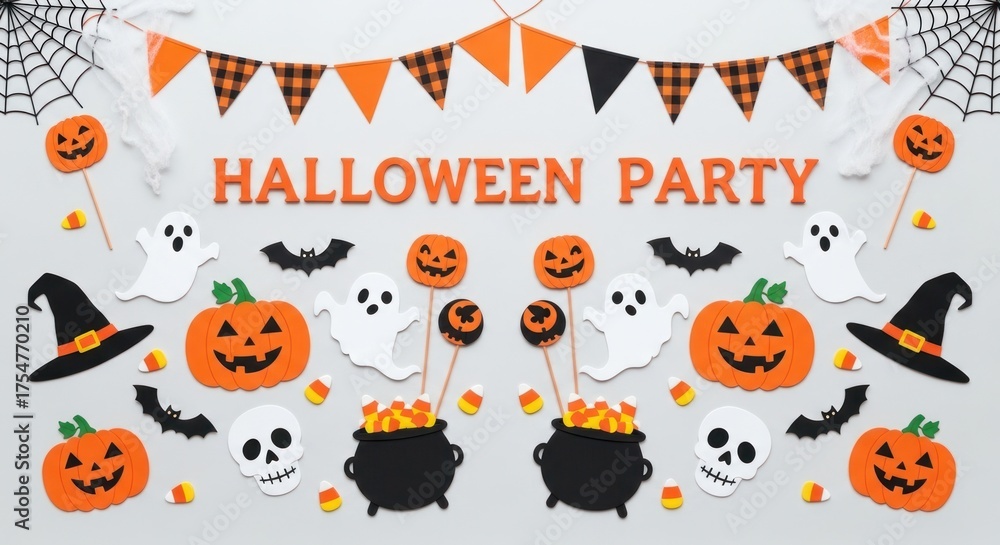 Naklejka premium Vector art of halloween party decoration with pumpkins, ghosts, bats, and witch hats on