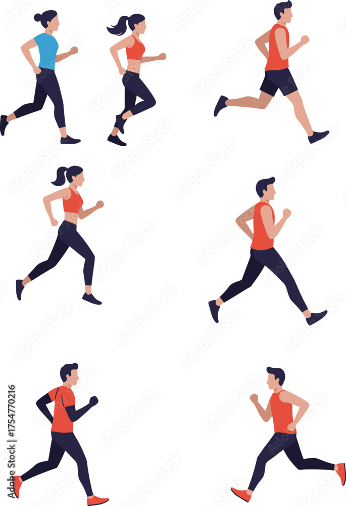 Fototapeta premium Running poses illustration, athletic motion, jogging figures, fitness activity, sportswear, dynamic stride, workout scene, exercise art