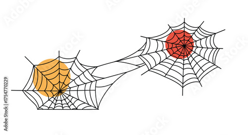 Intricate spiderwebs connecting two colorful circular abstract shapes in a symbolic representation of connectivity and creation.