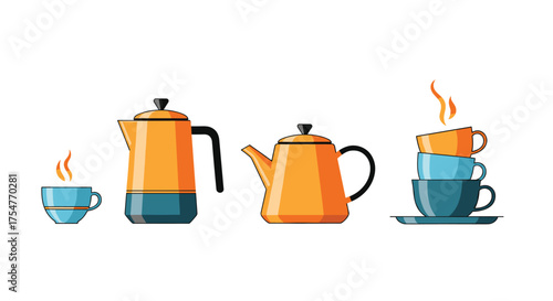 A collection of vibrant orange coffee pots and steaming blue cups presented on a white background.