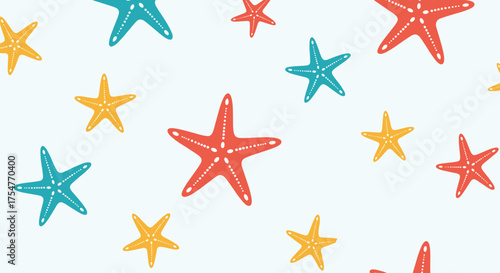 A vibrant pattern of colorful starfish scattered across a pale background for a cheerful marine theme.