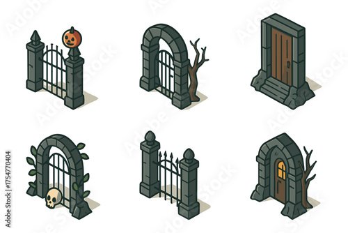Gothic gates and stone arches isometric icons , fences, doors, skull detail