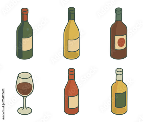 Wine and  bottles isometric set , red, white, rosé, glass, mini