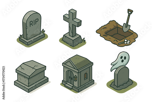 Cemetery and graveyard isometric icons, tombstones, grave, crypt, ghost