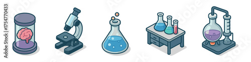 Science lab equipment isometric set ,microscope, flasks, chemistry bench