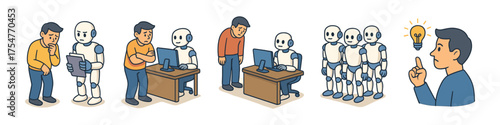 teamwork with robots and ideas isometric icons, pair programming, desk work, lineup, brainstorm