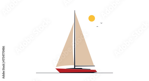 A simple illustration of a red sailboat with tan sails on a calm sea under a bright yellow sun.