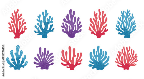 A vibrant collection of colorful branching coral illustrations in various shapes and sizes on a white background.