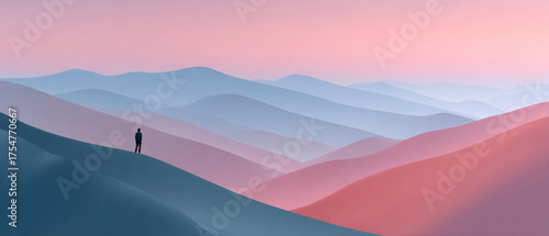 A person standing on a hill with pink and blue hues in the background