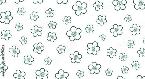 A whimsical repeating pattern of delicate hand-drawn floral blossoms in a light green outline on a clean white background.
