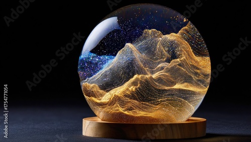 Miniature galaxy mountains captured within a clear orb rests on a wooden stand.