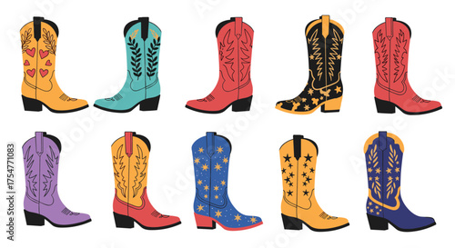 A vibrant collection of ten distinct cowboy boots each showcasing unique colorful patterns and designs perfect for western fashion enthusiasts.