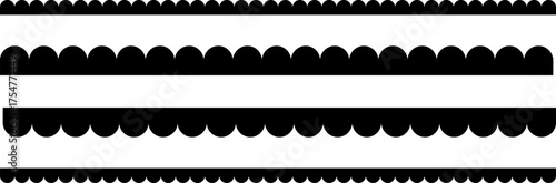 Circular edge seamless border shape set, scalloped border. Seamless vector marine wave decoration pattern isolated on white background.