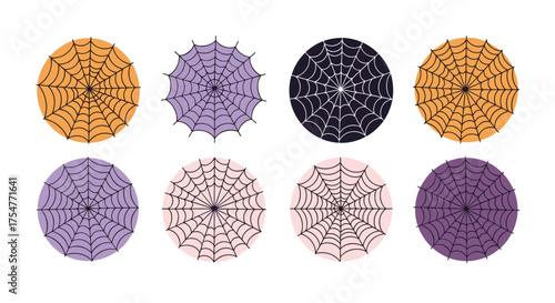A collection of eight colorful and artistic circular spiderweb illustrations in various shades and styles.