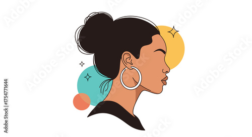 Illustration of a young woman's profile with abstract colorful shapes in the background.