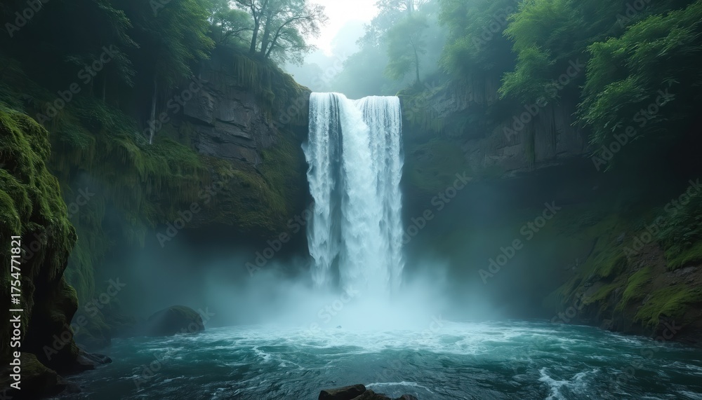 Naklejka premium Stunning waterfall cascades down rocks within vibrant green forest. Water flows into refreshing turquoise pool surrounded by rich vegetation. Scene evokes peace and connection with nature beauty.