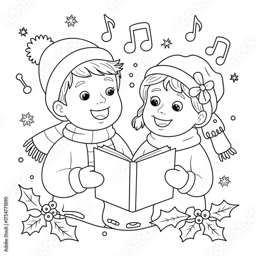 Black and white vector illustration of two cheerful children singing christmas carols holding a songbook silhouette vector illustration white background
