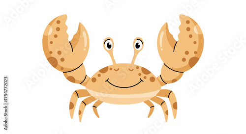 A cheerful cartoon crab with large claws and a spotted shell stands tall against a white background.