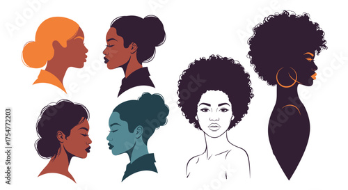 A collection of diverse women's portraits showcasing various hairstyles and skin tones.