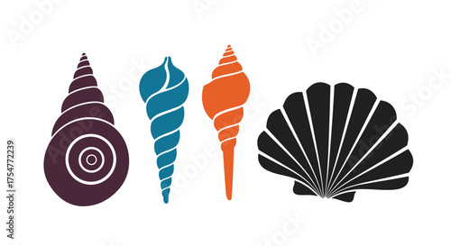 A collection of colorful seashells and a large black scallop shell.