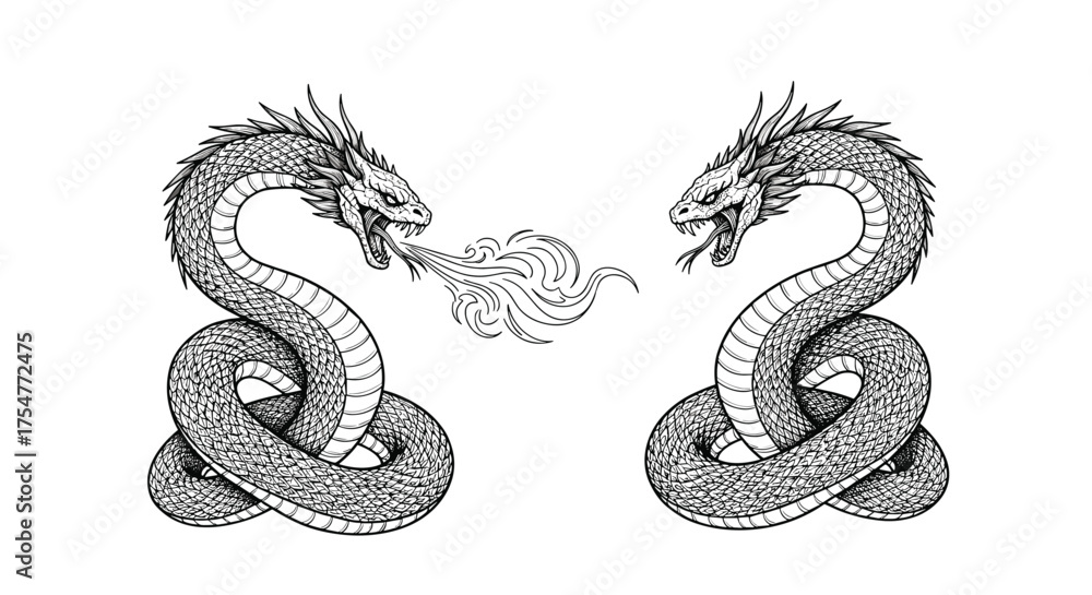 Fototapeta premium Two detailed black and white drawings of mythical dragons facing each other exchanging fiery breath in the center of the image.