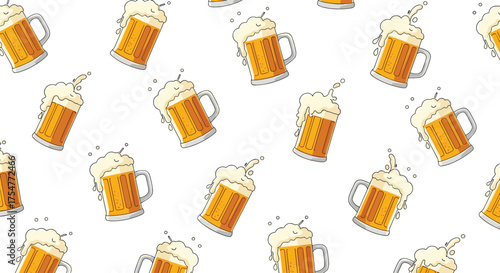 A cheerful pattern of refreshing beer mugs overflowing with frothy white foam perfect for a lively celebration.