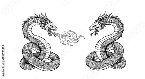 Two detailed black and white drawings of mythical dragons facing each other exchanging fiery breath in the center of the image.