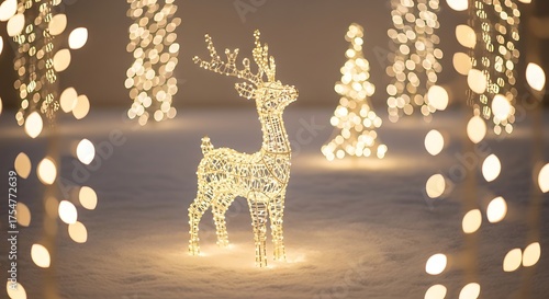 Illuminated christmas reindeer decoration with bokeh lights for holiday background image