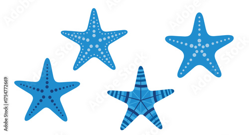 Four bright blue starfish scattered on a white background with different patterns on their arms.