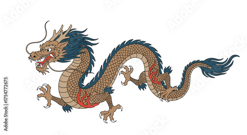 A detailed illustration of an ancient oriental dragon in mid-flight with flowing mane and serpentine body.