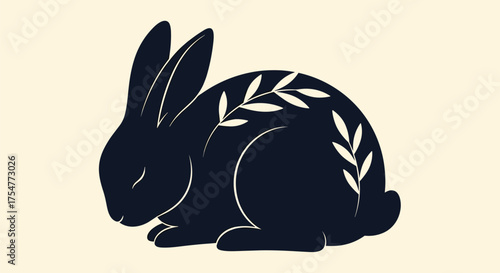 A charming illustration of a dark rabbit adorned with delicate branches and leaves, set against a soft beige background.