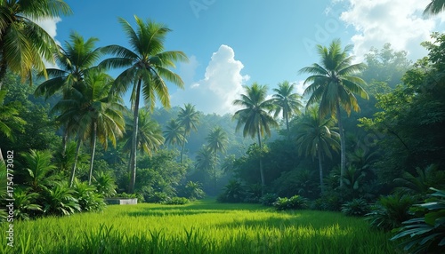 Rich tropical green plants with rice field and palms under blue sky. Green eco landscape with palm trees in sunny day. Rainforest plants with dense vegetation view. Relax in wild nature.