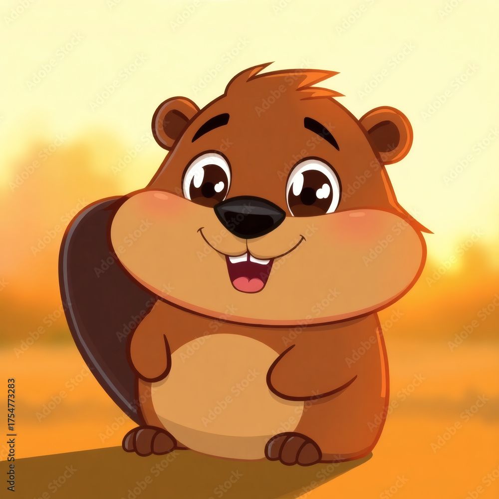 Obraz premium Charming cartoon beaver smiles happily in a sunny landscape at dusk, bringing joy and warmth to a peaceful scene