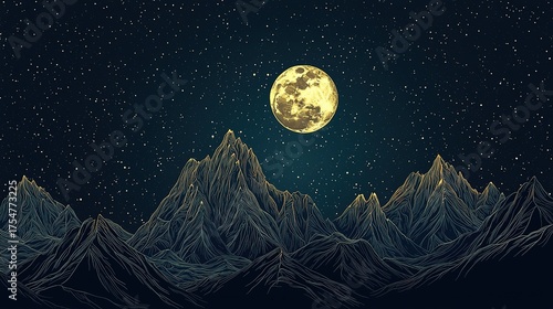 Abstract line art of mountains and golden moon, Chinese style vector illustration for luxury wall decoration 
