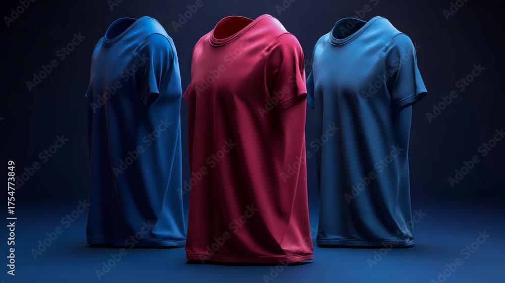 Vibrant red and serene blue apparel displayed on abstract forms against deep indigo backdrop